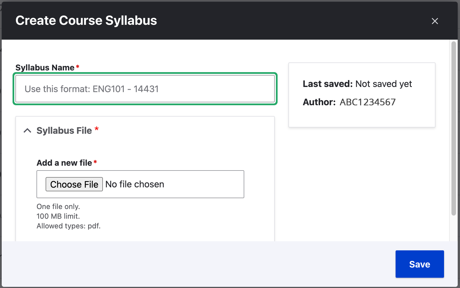 Create course syllabus screen