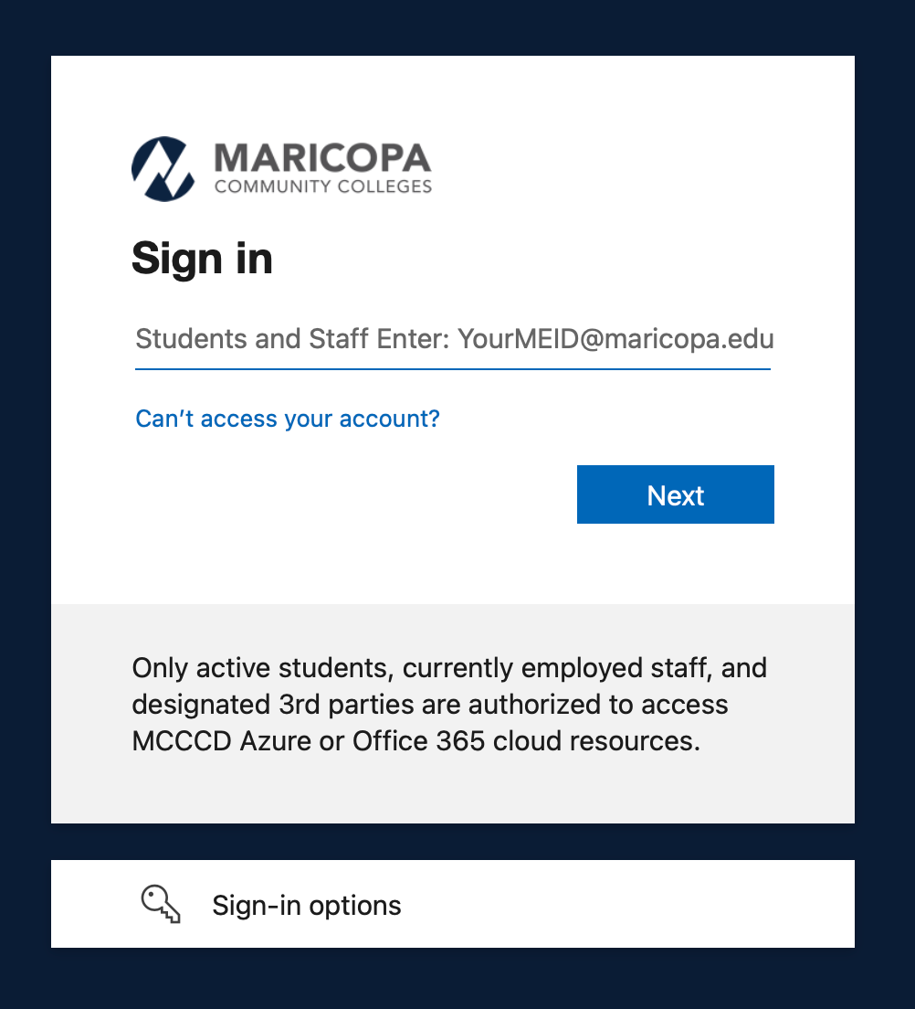 MCCCD login screen